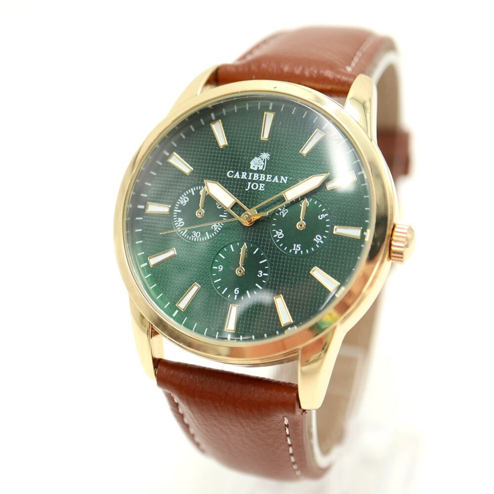 Caribbean Joe Green Gold Tone Mens Dress Watch 42mm Brown Pleather w New Battery